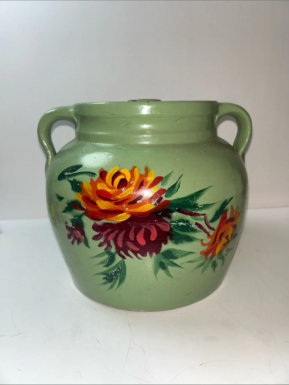 1930’s/40’s Hand Painted Unmarked Ransburg Stoneware Cookie Jar or Crock